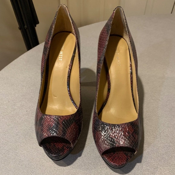 NWOB Burgundy/Black Snakeprint Leather Platform Pumps sz 8.5 M - Picture 1 of 6